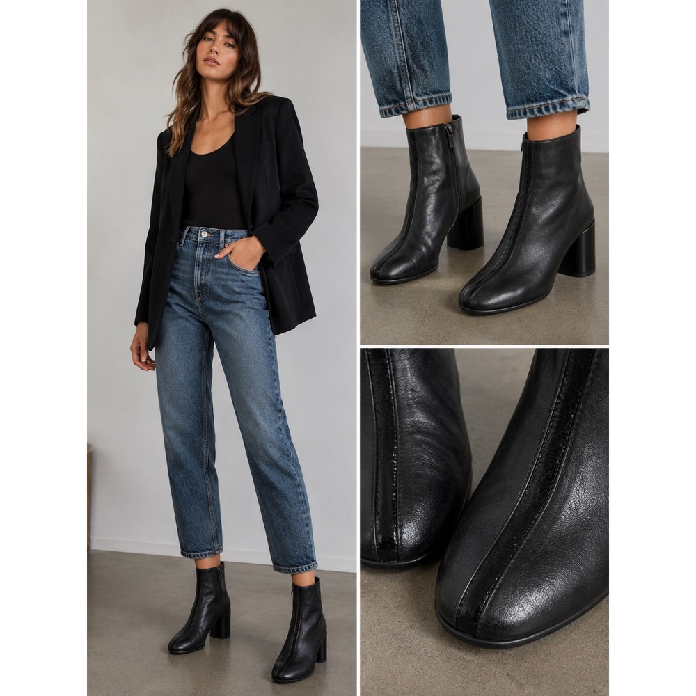 Halmanera Black Leather Ankle Boots Italian Handmade Block Heel Size 37